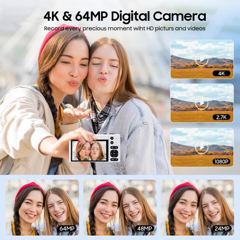 TZZPL 4K Digital Camera, 64MP Vlogging Camera for Photography with 3" 180° Flip Screen, 16X Compact Digital Camera with 64GB Micro SD Card for Beginner (White) - Image 2